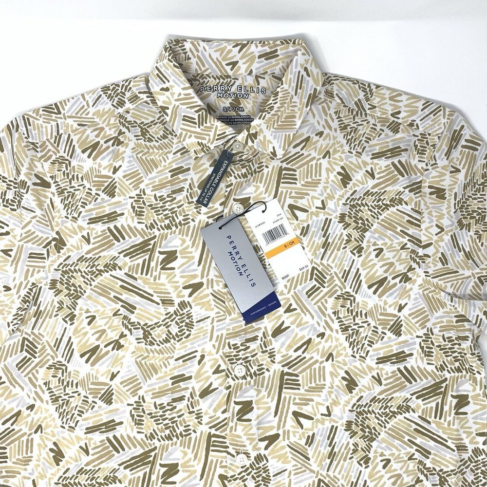 Perry Ellis Motion Stretch Starfish Tan/White Mens Short Sleeve Button Up‎ Sz Sm